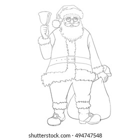 Santa Claus with a bell in hand and a bag. Christmas illustaration for coloring book.