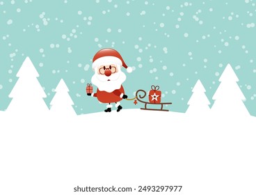 Santa Claus Campana Tirando De Regalo En Trineo En El Bosque Turquesa Rojo Oscuro