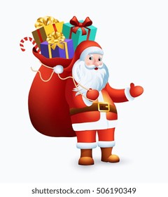 Santa Claus with big bag full of gifts on white background.