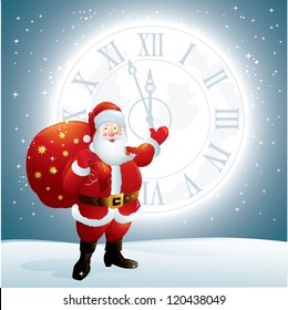 Santa Claus with a big bag of gifts on the background of night sky and the moon. File saved as AI EPS 10 and contains effects (transparency)