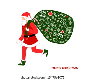 Santa Claus with big bag of gifts.  Merry Christmas stylish greeting card, banner, poster design element. Vector concept.
