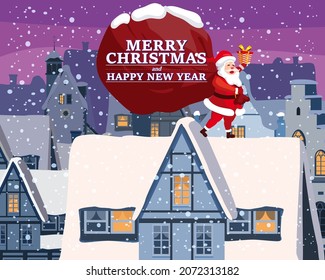 Santa Claus with big bag of gifts delivery gifts on the roof. Night winter city, european urban landscape, noel. Vector illustration poster, greeting card cartoon style