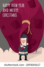 Santa Claus with a big bag of gifts. Banner for the holiday sale. Lots of New Year's gifts. The bag is bursting at the seams. Vector illustration for Christmas. Happy New Year.