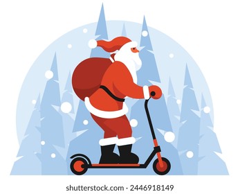 Santa Claus con una gran bolsa de regalos monta una moto eléctrica. Vector gráfico