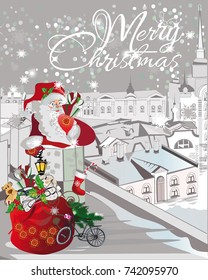 Santa Claus with a big bag of gifts in the chimney at snow-covered roof. Christmas greeting card background poster. Vector illustration.