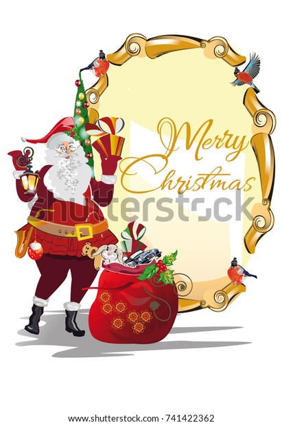 Santa Claus with a big bag\
of gifts. Christmas greeting card background poster. Vector\
illustration.