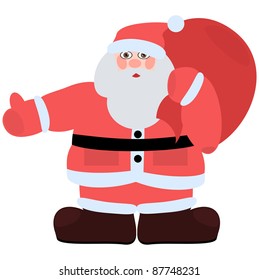 Santa Claus with big bag hitchhiking. Illustration isolated on white background