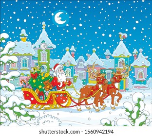 Santa Claus with a big bag of holiday gifts in his celebratory decorated sleigh with magic reindeers in a snow-covered town on the snowy night before Christmas, vector cartoon illustration