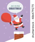 Santa claus with big bag jumping in the chimney. Christmas eve
