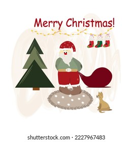 Santa Claus with big bag. Merry Christmas calligraphy lettering design. Creative typography for holiday greeting.