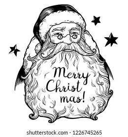 Santa Claus with big beard and lettering "Merry Christmas!" on it. Hand drawn vector illustration. Isolated