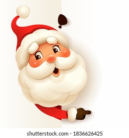 Santa Claus with big blank signboard. Wide empty space for design.