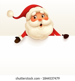 Santa Claus with big blank signboard. Wide empty space for design.