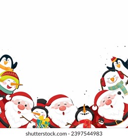 Santa Claus with big blank signboard. Wide empty space for design.Christmas companions with big blank signboard. Wide empty space for design. Santa Claus, Mrs Claus, Reindeer, Elf and Snowman 