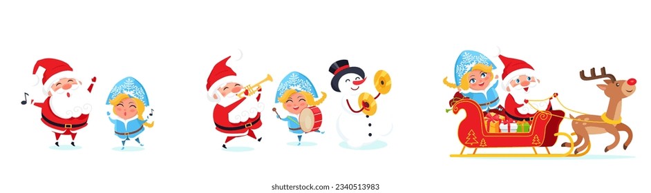 Santa Claus big Christmas and New Year set. Set of funny cartoon Santa with different emotions and situations. Happy old man and snowman. Santa with elf. Christmas scenes for your festive design