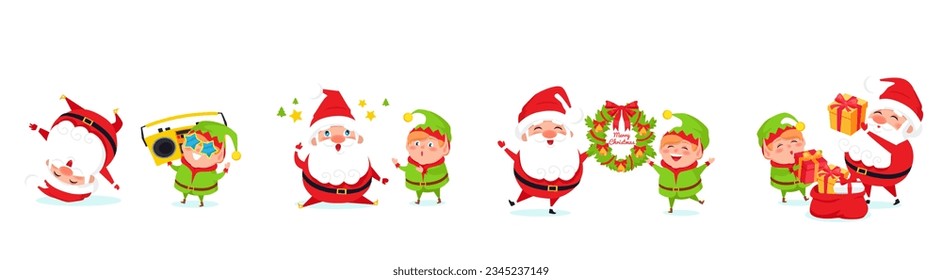 Santa Claus big Christmas and New Year set. Set of funny cartoon Santa with different emotions and situations. Happy old man give prezents. Santa with elf. Christmas scenes for your festive design