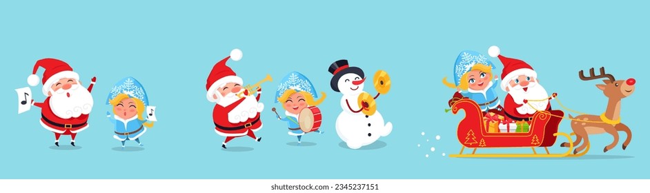 Santa Claus big Christmas and New Year set. Set of funny cartoon Santa with different emotions and situations. Happy old man and snowman. Santa with elf. Christmas scenes for your festive design