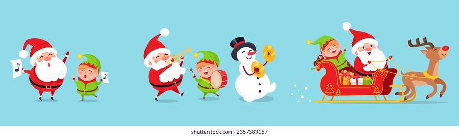 Santa Claus big Christmas and New Year set. Set of funny cartoon Santa with different emotions and situations. Happy old man and snowman. Santa with elf. Christmas scenes for your festive design