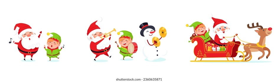 Santa Claus big Christmas and New Year set. Set of funny cartoon Santa with different emotions and situations. Happy old man and snowman. Santa with elf. Christmas scenes for your festive design