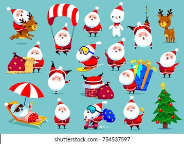 Santa Claus big collection of Christmas. Characters cute flat. Funny cartoon character with different emotions and Happy New Year elements. Santa Claus ready new year.