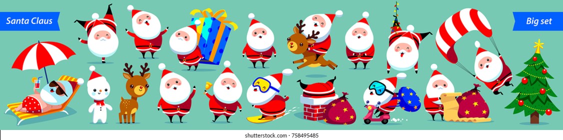 Santa Claus Big collection. Cute cartoon characters with different emotions and Christmas elements. Vector illustration. Isolated on green background.
