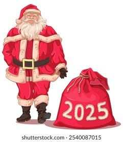 Santa Claus and big full bag of gifts 2025 new year and christmas. Vector cartoon illustration isolated on white