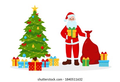 Santa Claus with big gift bag and boxes near Christmas tree isolated on white background. Vector illustrations.
