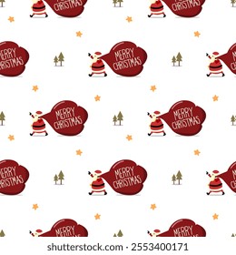 Santa Claus and big gift bag cartoon so cute. On tree star white background. Pattern seamless vector illustration. 