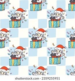Santa Claus in a big gift box seamless pattern. Cut cartoon wallpaper for textile, christmas seamless pattern theme, for use as wallpaper or gift wrap paper.