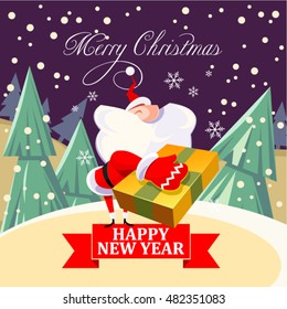 Santa Claus with a big gift in the hands. Merry Christmas illustration.