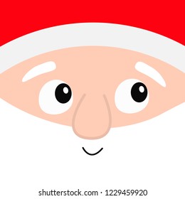 Santa Claus big head square face. Merry Christmas. White beard, eyebrows, red hat. Cute cartoon kawaii funny character. Winter background. New Year. Greeting card. Flat design. Vector illustration