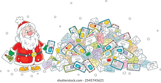 Santa Claus and a big pile of envelopes with letters and postcards from little children before Christmas and New Year, vector cartoon illustration on a white background