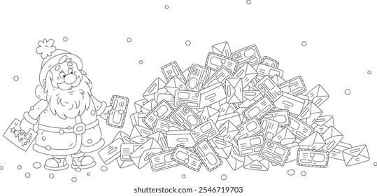 Santa Claus and a big pile of envelopes with letters and postcards from little children before Christmas and New Year, black and white outline vector cartoon illustration for a coloring book