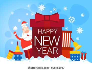 Santa Claus With Big Present Box Christmas Holiday Happy New Year Greeting Card Flat Vector Illustration
