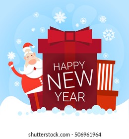 Santa Claus With Big Present Box Christmas Holiday Happy New Year Greeting Card Flat Vector Illustration