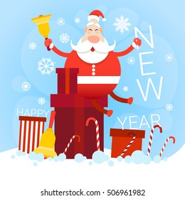 Santa Claus With Big Present Box Christmas Holiday Happy New Year Greeting Card Flat Vector Illustration
