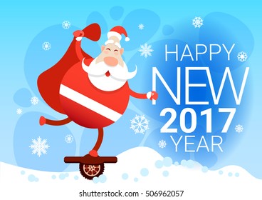 Santa Claus With Big Present Sack Ride Electric Mono Wheel Christmas Holiday Happy New Year Greeting Card Flat Vector Illustration