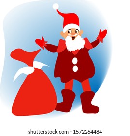  Santa Claus with a big red bag full of gifts.Winter background..For calendars, greeting cards, book illustrations, prints.Vector illustration.
