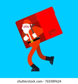 Santa Claus and big red bag. Many gifts  huge backpack. Christmas and New Year vector illustration
