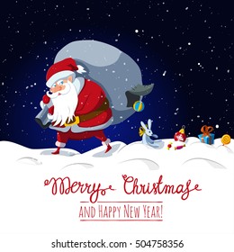 Santa Claus with big sack dropping the gifts. Christmas or New Year holiday art. Vector illustration. Great choice for gift or greeting cards, poster or banner.