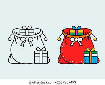 Santa Claus big sack full of gifts for Christmas and New Year. vector template on white background. bright illustration