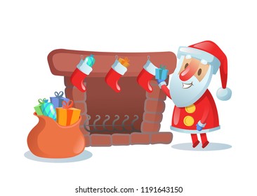 Santa Claus with big sack of gifts near fireplace with xmas stockings. Colorful flat vector illustration. Isolated on white background.