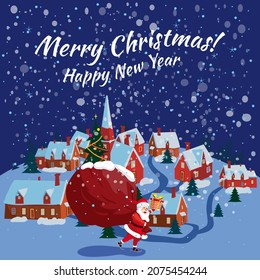 Santa Claus with big sack of gifts delivery gifts . Night winter landscap town, noel. Vector illustration poster, greeting card cartoon style