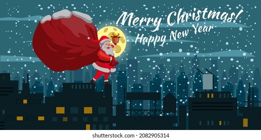 Santa Claus with big sack of gifts delivery gifts on the roof. Night winter city, european urban landscape, noel. Vector illustration poster, greeting card cartoon style