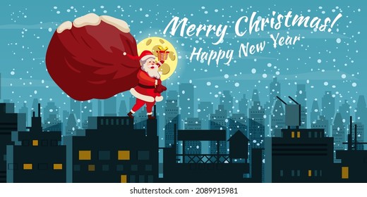 Santa Claus with big sack of gifts delivery gifts on the roof. Night winter city, european urban landscape, noel. Vector illustration poster, greeting card cartoon style