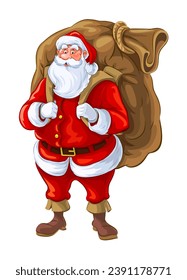 Santa claus with big sack of gifts. Isolated on white background. Vector illustration.