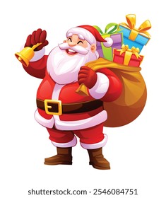 Santa Claus with big sack of gifts, holding a bell and spreading cheer. Vector cartoon illustration