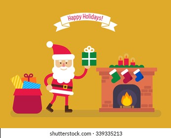Santa Claus with big sack of gifts near fireplace with xmas stockings. Christmas Holiday vector illustration flat style for greeting card, poster, banner. 