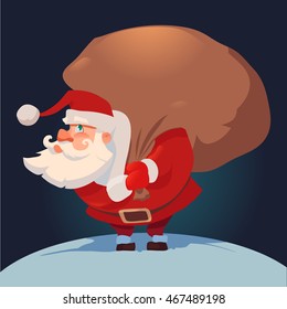 Santa Claus with big sack of gifts, for Christmas greeting card background poster, character, vector illustration.