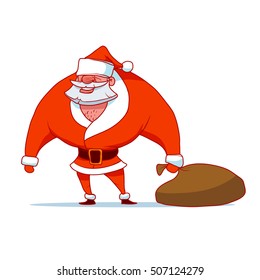 Santa Claus with big sack of gifts, for Christmas greeting card background poster, character, vector illustration.